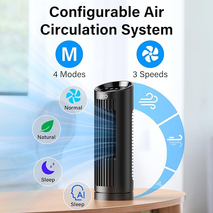 JRD 13'' Tower Fan for Bedroom, Quiet Cooling Desk Fan with Remote, 80° Oscillating, 3 Speed, 4 Mode, 12h Timer, Digital Touch Screen, Portable, Safe Bladeless Table Fan for Home Desktop Office