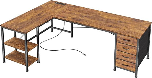 Huuger 55 Inch L Shaped Desk with Fabric Drawers, Reversible Computer Gaming Desk with Power Outlets and USB-C Port, Adjustable Side Storage Shelves, for Work Corner Home Office, Rustic Brown