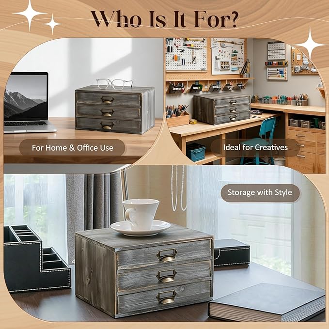 Stackable Modular Desktop Drawer Organizer, Solid Wood Grey 3-Drawer Storage Unit with Label Pull Handles, Stone Gray Japandi Style, Expandable by Adding More Units for Clutter-Free Spaces