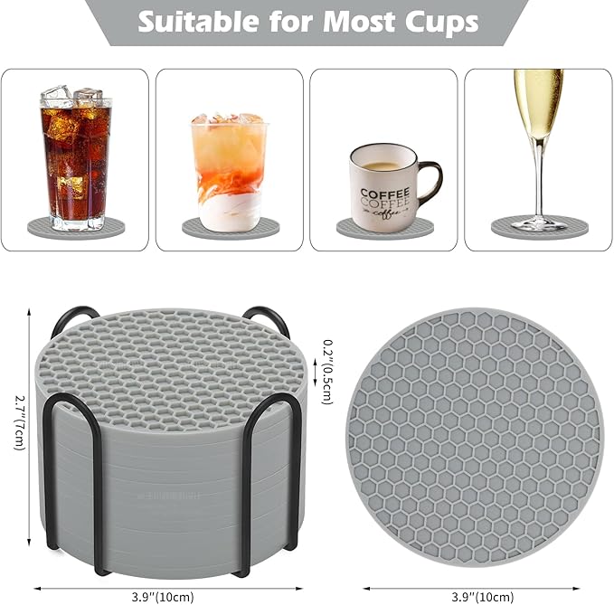 TWTLi Silicone Coasters Set of 8 with Holder,Coasters for Drinks,Beer,Coffee Coasters,Suitable for Kinds Cups,Hot or Cold,Anti-SLI,Non-Stick,Anti-Overflow Tabletop Protection and Decor (12 Pcs, Gray)