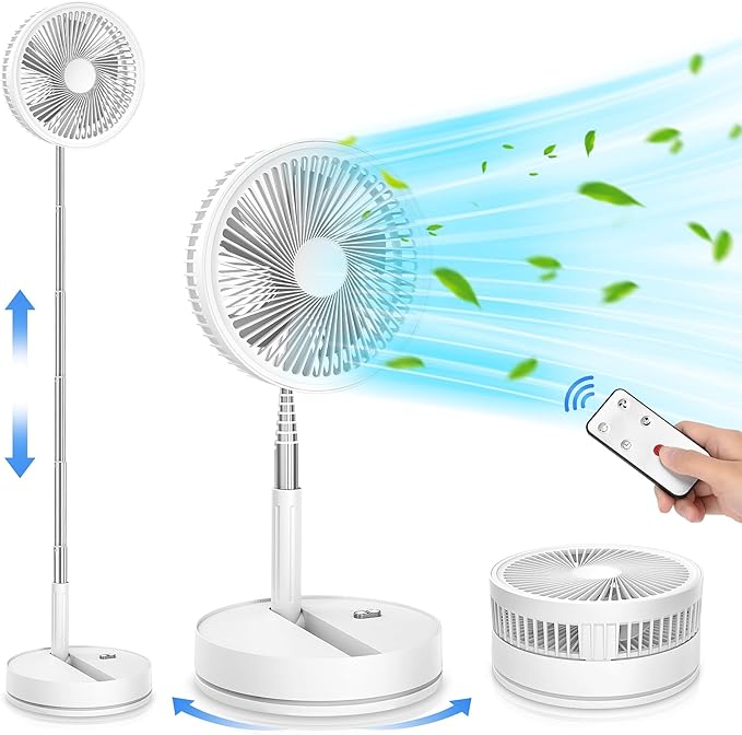 LIPETY Portable Foldable Rechargeable Oscillating Fan Battery Operated Table Desk Fan Folding Standing Pedestal Fans for Bedroom Rome Office Camping Travel (white, 8.6 inch)