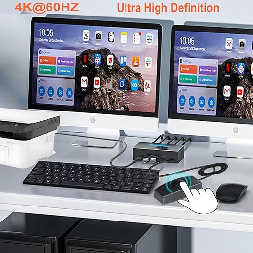 SGEYR HDMI KVM Switch Dual Monitors, 4K@60Hz KVM Switch 2 Monitors 2 Computers with 4 USB 3.0 Ports Share 2 Monitors and USB Devices, Support Wired Remote and Button Switch, Sharing Keyboard& Mouse
