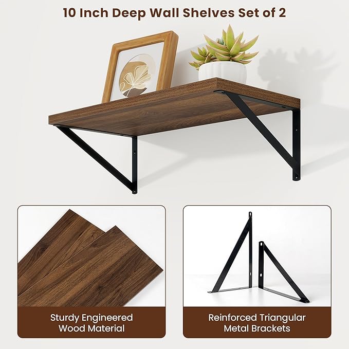 Axeman Deep Floating Shelves | 20 Inch Walnut Wall Shelves Set of 2 | 10 Inch Deep Rustic Wood Shelves for Wall | 20'' W x 10''D Walnut Shelves for Living Room Bathroom Kitchen