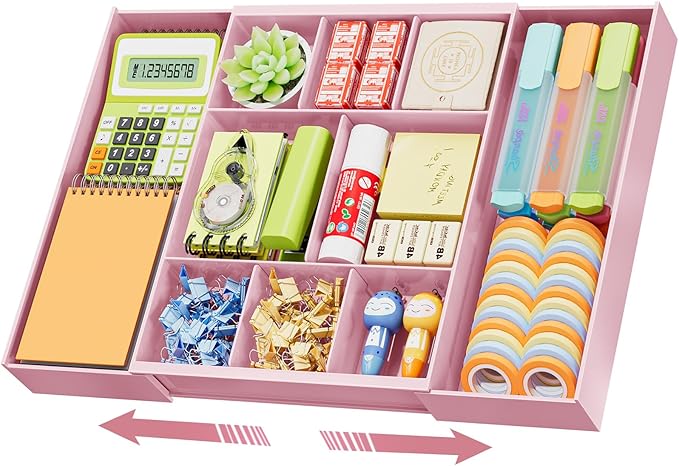 Marbrasse Expandable Desk Drawer Organizer, Clear Plastic Drawer Organizer Tray with 10 Adjustable Compartments, Desk Organizers and Accessories, 5 Drawer Dividers for Office Supplies, Makeup (Pink)