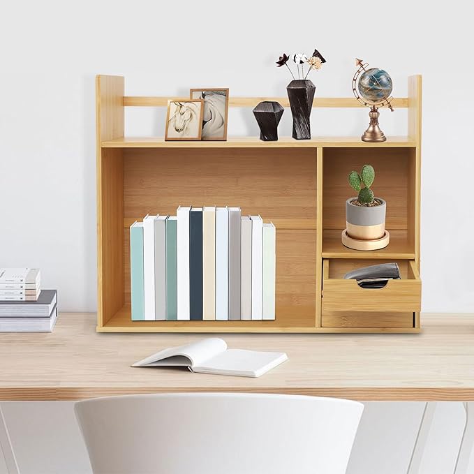 Bamboo Desk Organizer and Shelf Unit, 2-Tier Desktop Bookshelf with 2 Drawers, Sturdy Natural Tabletop Storage for Office Home Students, Space Saver, 22.83 * 18.11in, Holds 110lbs