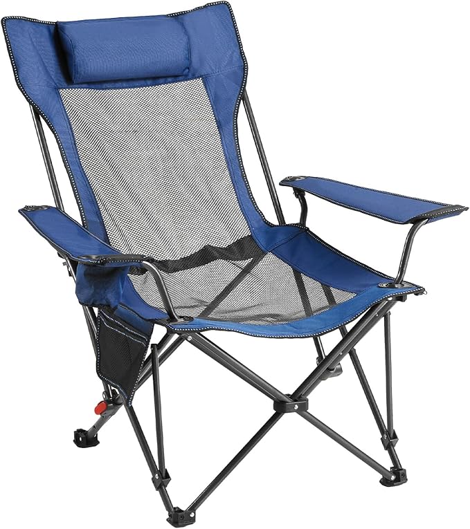 VEVOR 2-in-1 Reclining Camping Chair with Footrest for Adults, 4 Adjustable Positions, Portable Folding Lounger, Lightweight Mesh Beach Chair Supports 220lbs, Heavy Duty Camp Chairs Outdoor, Blue