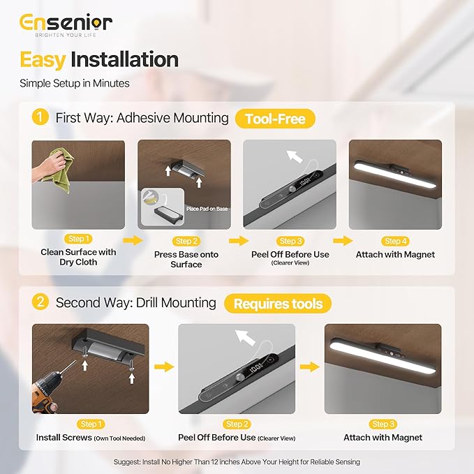 Rechargeable Motion Sensor Light Bar, 2000mAh Dimmable Under Cabinet Lighting Wireless with Digital Battery Display, 130° Rotatable Magnetic Closet Lights, Remote Control Stick on Lights Dorm