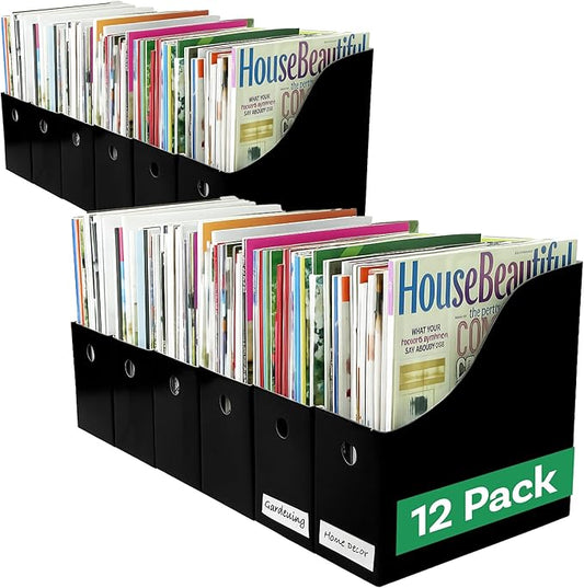 Evelots Magazine File Holder - Set of 12 Black - Office Desk Organizer - Sturdy Cardboard - New Upgraded Double Front Panel for More Stability - Full 4 Inch Wide - Easy Assemble