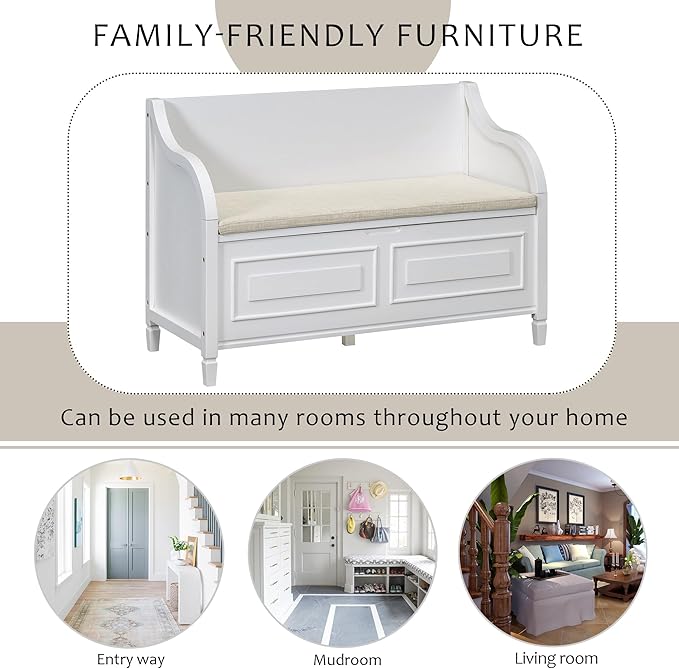 SOFTSEA 41.9" Storage Bench with Back, Entryway Shoe Bench with Cushion & Lift Top Storage, Rustic Shoe Storage Cabinet with Cushioned Seat for Entryway, Bedroom, Living Room (White)
