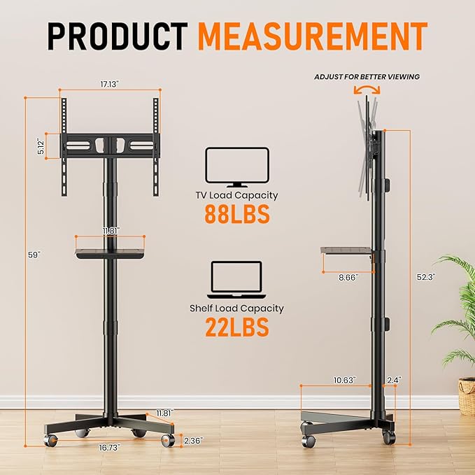 Mobile TV Cart Rolling TV Stand for 23-60 Inch LCD LED OLED Flat Curved Screens up to 88 lbs, Height Adjustable Portable TV Cart with Shelf/Wheels, Outdoor TV Stand Mount, Max VESA 400x400mm, Black