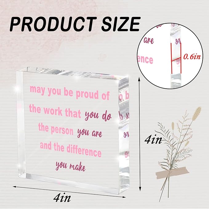 Appreciation Gifts for Women Coworkers - 4 Inch Pink Acrylic Desk Decor with Inspirational Quote - Thank You Farewell Goodbye Gift for Employees, Office Desk Decor