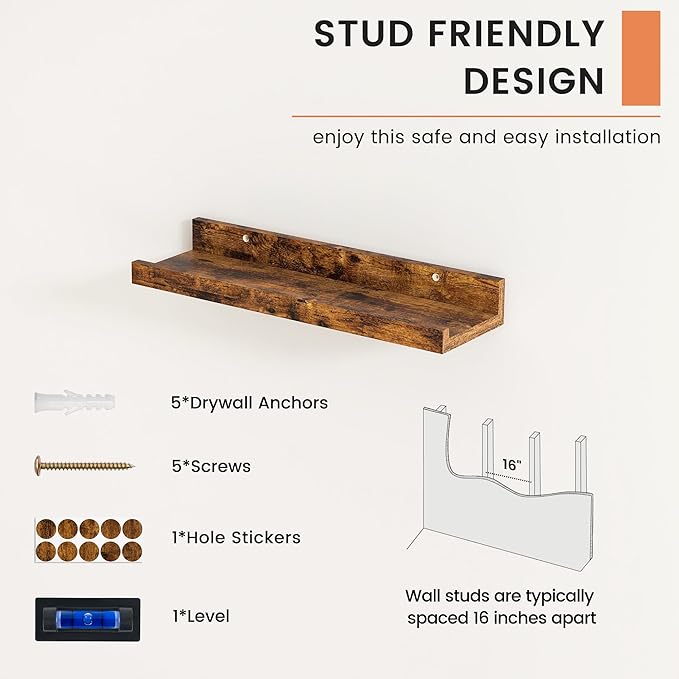 FLYJOE Picture Ledge Shelf, Floating Shelves Set of 2, 16 Inches Nursery Book Shelves for Toys Storage, Kids Bookshelf Wall Mounted for Living Room Bedroom Decor Books Photo Frames, Rustic Brown