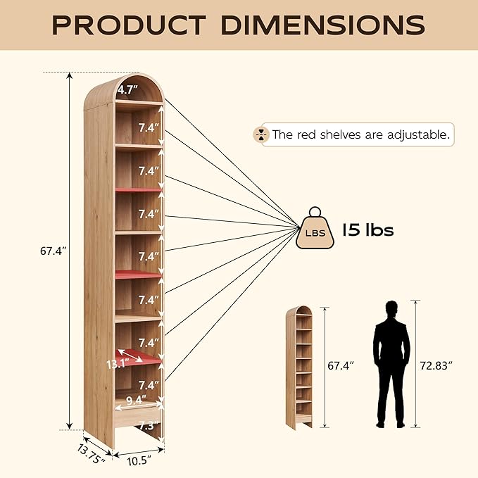 IFGET 67" Tall Arched Bookshelf, 8 Tiers Arch Bookcase with Storage, Modern Farmhouse Book Shelf with Adjustable Shelves, Wood Bookshelf w/Open Display Shelves for Living Room, Office (Natural)