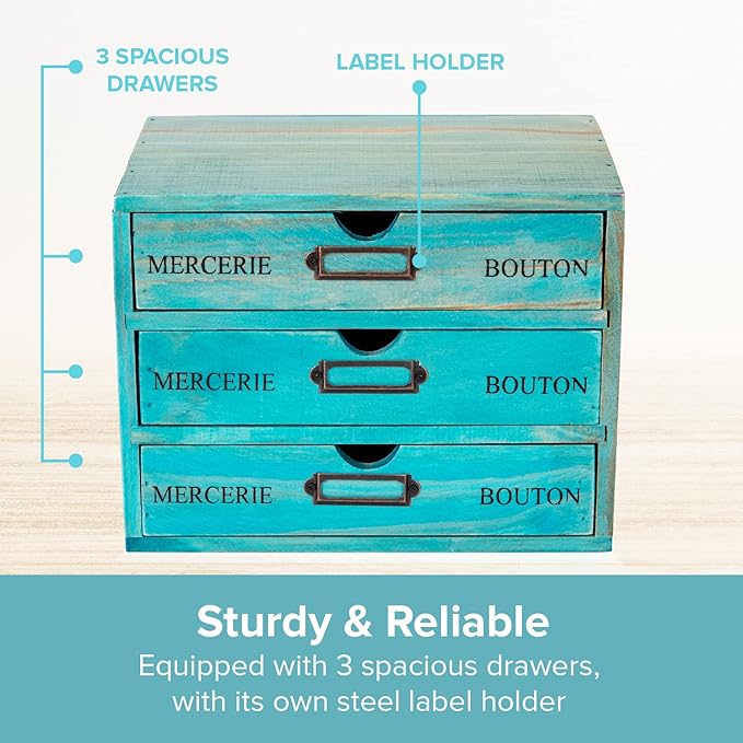 Turquoise 3-Tier Drawer Unit - European Country Style Desk Organizer Box - 9.7x7x7.5" Wooden Teal Stackable Drawers - Countertop Organizer Drawers w/Label Holder - Triple File Drawer Unit