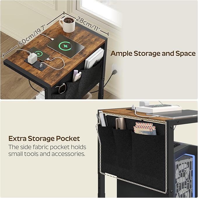 YATINEY PC Stand, Computer Tower Stand with Charging Station, Height Adjustable PC Tower Stand for Floor, 2 Tier Computer Cart On Wheels, 23.1" -29"H,19.7"L x 11"W, for Home Office,Rustic Brown CJ60BR