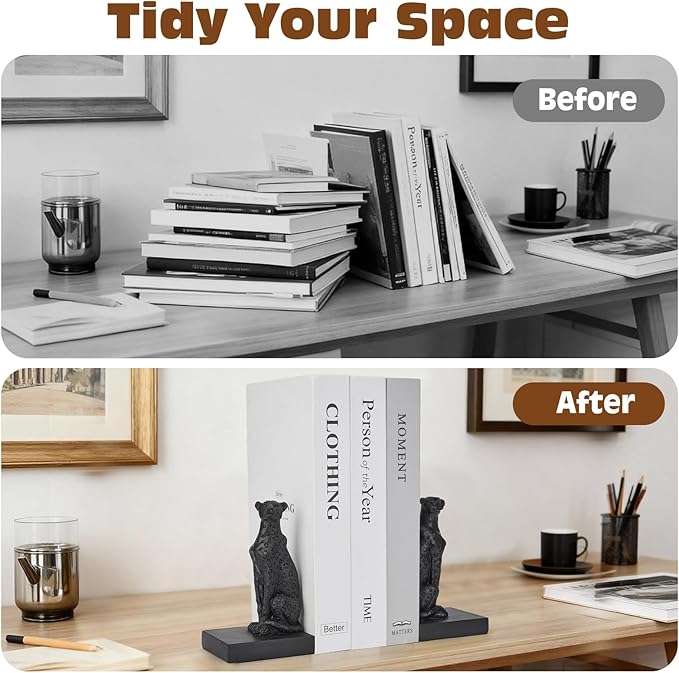Black Cheetah Bookends, Book Ends for Shelves to Hold Books Heavy Duty, Creative Resin Book Stoppers for Home Farmhouse Shelves Office Lover Gift