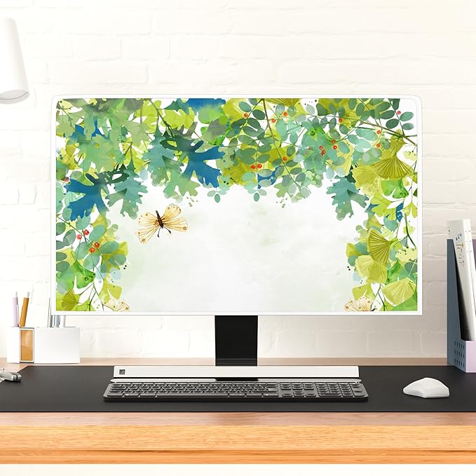 Watercolor Forest Waterproof Screen TV Dust Cover 75 Inch Spring Summer Botanical Butterfly Dust-Proof Television Covers Anti-Static Anti-Scratch Protective Cover for Desktop TVs