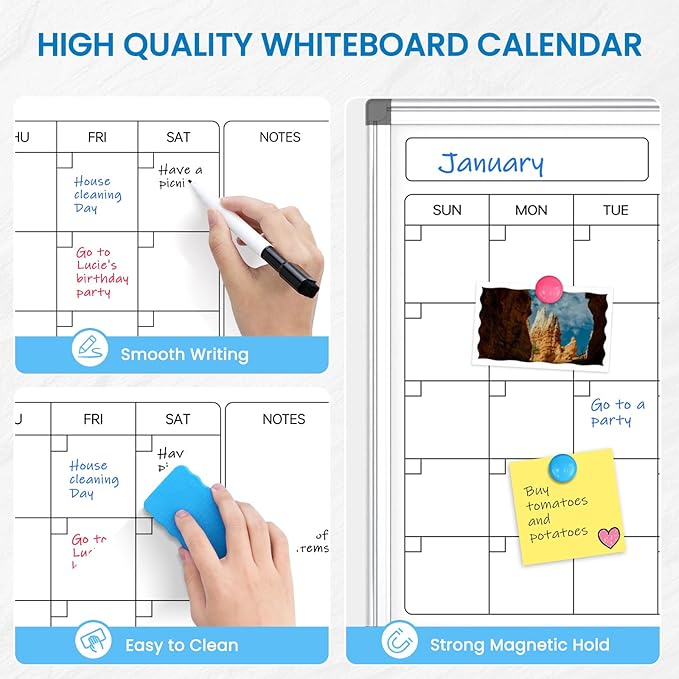 Monthly Calendar Dry Erase Whiteboard for Wall, 30" x 20" Double-Sided Large Calendar White Board, Magnetic Portable Hanging Board for Office, Home, School