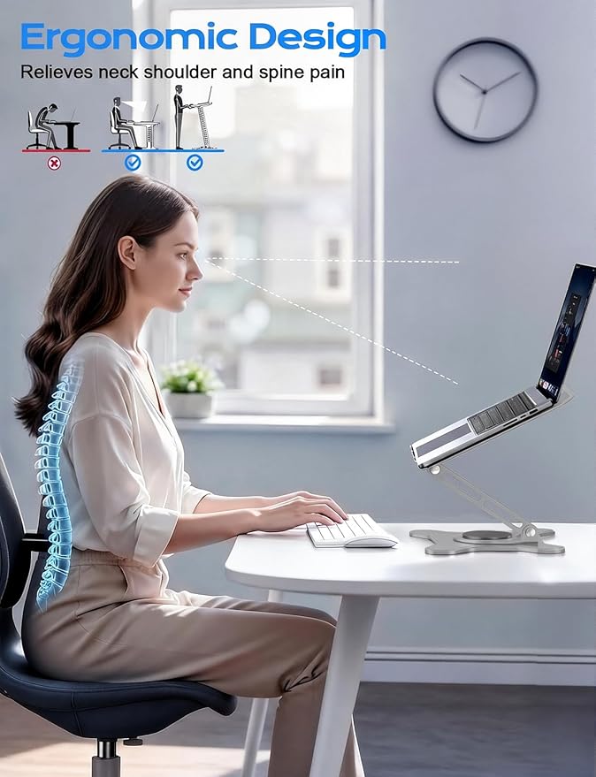 JCZT Adjustable Laptop Stand for Desk, 360° Rotating Base Ergonomic Computer Stand, Laptop Riser Foldable Protable for Office Home Fits Compatible with MacBook Pro/Air Notebook up to 10-16" Gray