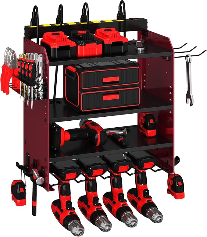 Power Tool Organizer Wall Mount wtih Charging Station,4 Drill Holder Wall Mount with 8 Outlet Power Strip,Heavy Duty Tool Rack with Hooks,Screwdriver Organizer in Garage(Dark Red,4 Layers)