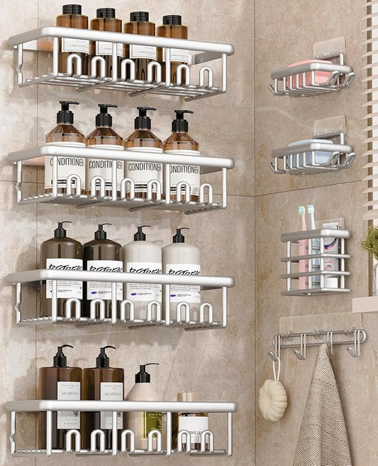 8 Pack Adhesive Rustproof Shower Shelves with Soap Dishes, Toothbrush Holder & Hooks, Large Capacity No-Drilling Shower Shelves Rack for Bathroom Organizers and Storage Accessories, Silver