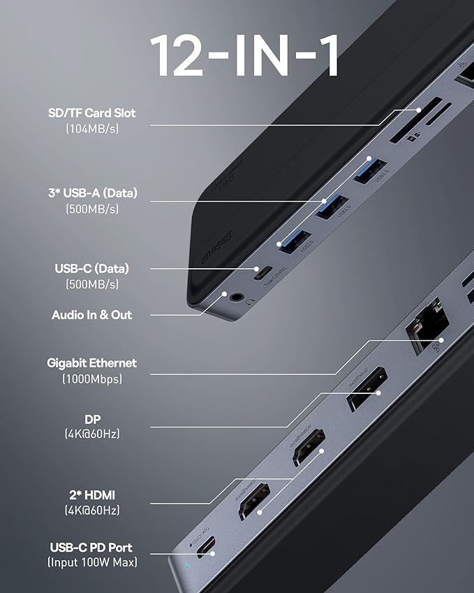 Baseus Laptop Docking Station, 4K Multitasking Docking Station with 2 HDMI+DP, PD, 3 USB-A, RJ45, Audio, TF/SD Card Reader, USB Hub Compatible for MacBook/Dell/HP/Surface/Lenovo
