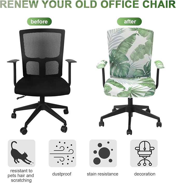 Tallew 4 Pcs Office Chair Covers Set Computer Universal Protective Stretchable Chair Seat Covers Desk Armrest Cover Pads Office Cushion Backrest for Rotating(Palm Leave,Green)