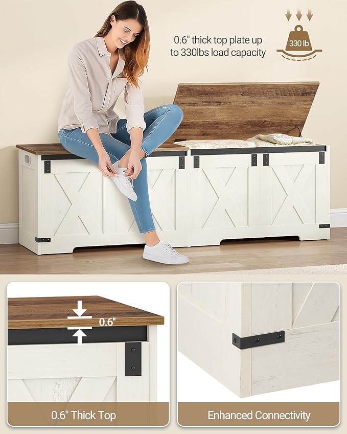 Hzuaneri 59" Storage Chest, Large Storage Trunk with 2 Hinges, Farmhouse Wooden Box Bench, Lift-Top Organizer Chest, Entryway Trunk for Bedroom, Living Room, White and Brown SB15014X