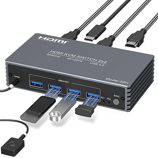 4K@120Hz HDMI Kvm Switch 2 Monitors 2 Computers 8K@60Hz Monitor KVM Switches, 4 USB3.0 Ports for 2 PC Share Mouse Keyboard and 2 Screens Support Button Switch PoC EDID Plug and Play Zero Latency