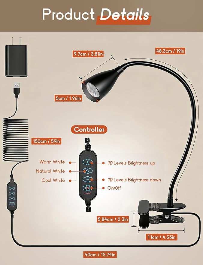 Reading Light for Book in Bed, Clip on Light Reading Lamp with Adapter, 5 Color Modes 10 Brightness, 360° Flexible Eye-Caring Clip on Desk Lamp Book Light for Reading in Bed Headboard Bedside Bedroom