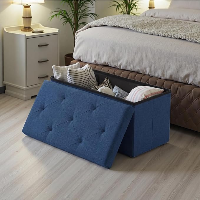 DUMOS 30in Storage Ottoman Bench, Ottoman Bench Foot Rest Stool with Padded Seat, Bedroom Bench with for Living Room, Support 660lbs, Blue