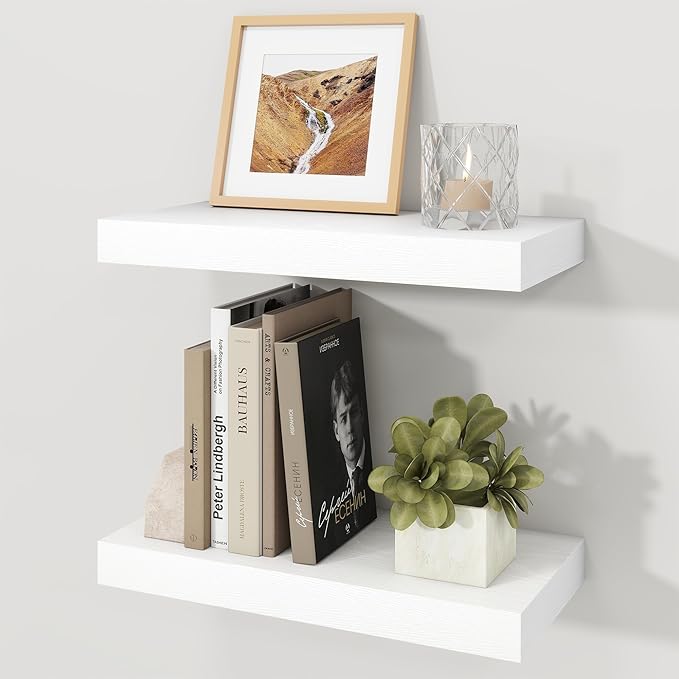 White Floating Shelves for Wall, 7.9" Deep Wall Mounted Wood Shelves for Bathroom, Bedroom, Living Room, Kitchen, Hanging Shelf for Books/Storage/Room Decor (White, 16")