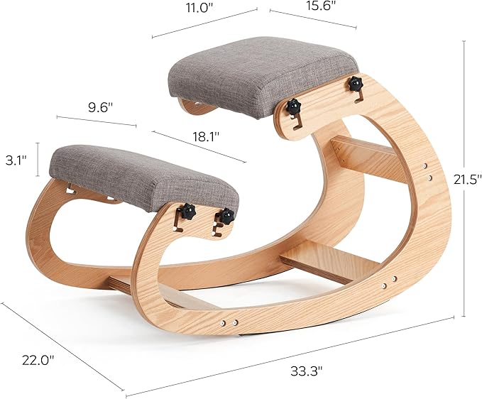 Ergonomic Kneeling Chair, Adjustable Rocking Office Chair Wooden Knee Chair Posture Chair for Home Office Back Pain Relief, Grey