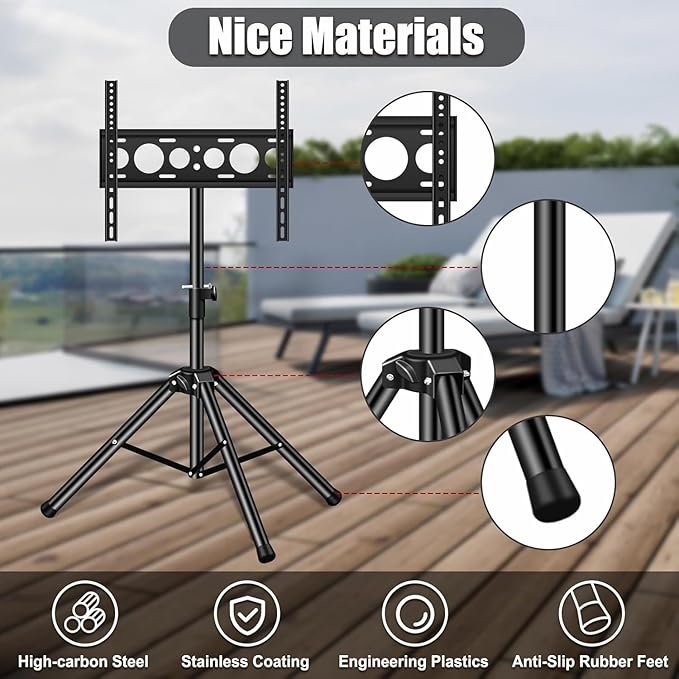 Portable TV Tripod Stand with Adjustable Angle Outdoor TV Stand with Top Shelf, Universal TVs Tripod for 30-55 in LCD LED Flat Screen TVs Display Floor Stand with No Drilling Needed