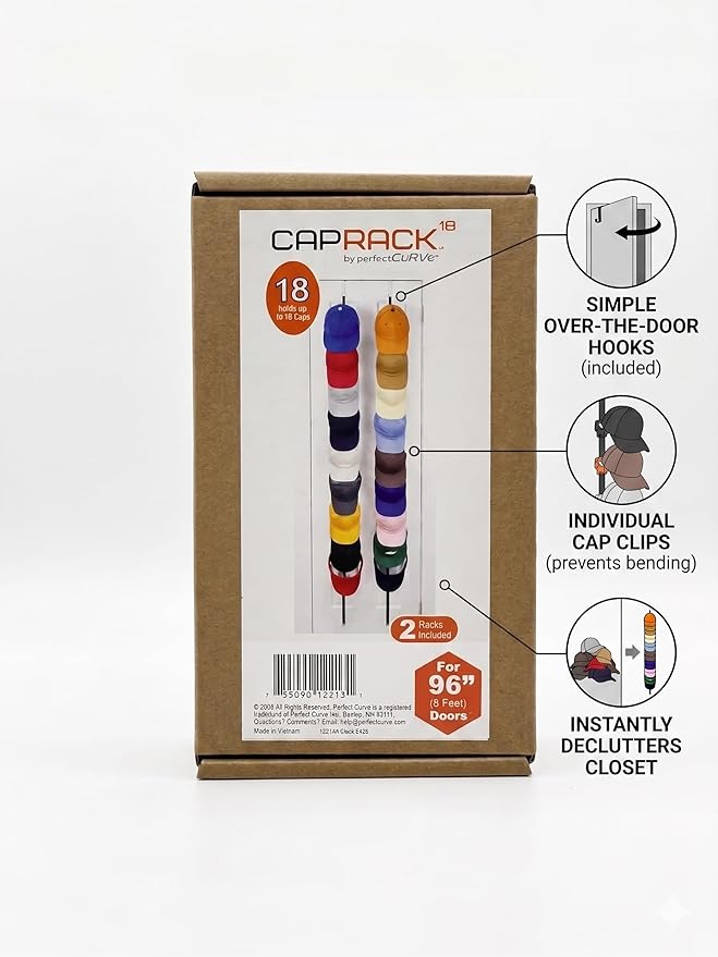 Perfect Curve FOR 8-FEET DOORS ONLY CapRack | Over-The-Door Hat Organizer for Baseball Caps | 2 Straps, Holds 18-36 Adjustable Caps | Black