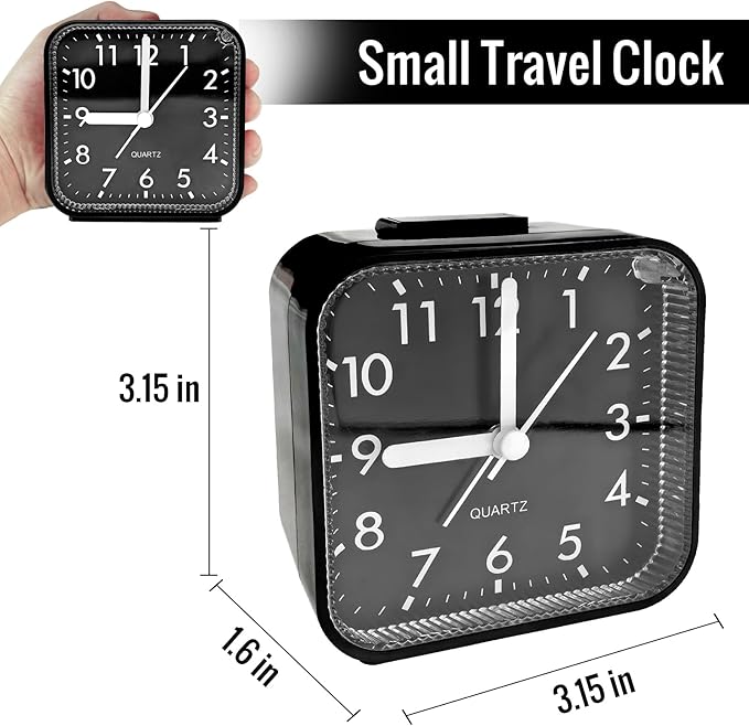 Lamisola Small Analog Alarm Clock for Bathroom, Black Travel Clock, Battery Operated, Quieter Bedside Dial Clocks for Bedrooms Kitchen, Shelf Desk Clock