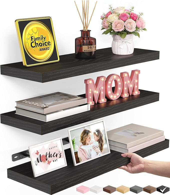 BAYKA Floating Shelves for Wall, Wall Mounted Rustic Wood Shelves for Bathroom, Bedroom, Living Room, Kitchen, Hanging Shelf for Books/Storage/Room Decor with 22lbs Capacity (Black, Set of 3, 15.7in)