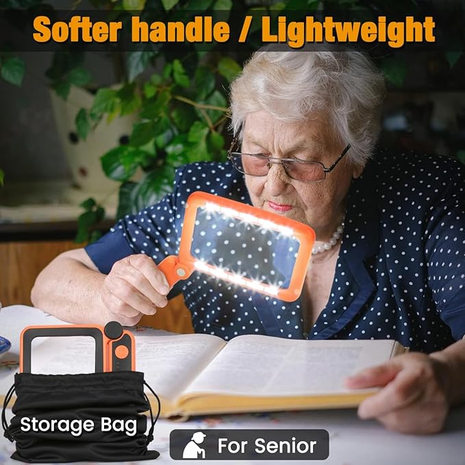 Rechargeable Magnifying Glass with Light for Reading, 5X Large Page Lighted Magnifier for Seniors Low Vision, Folding Handheld Rectangle Magnifier for Reading Small Print Orange-Black