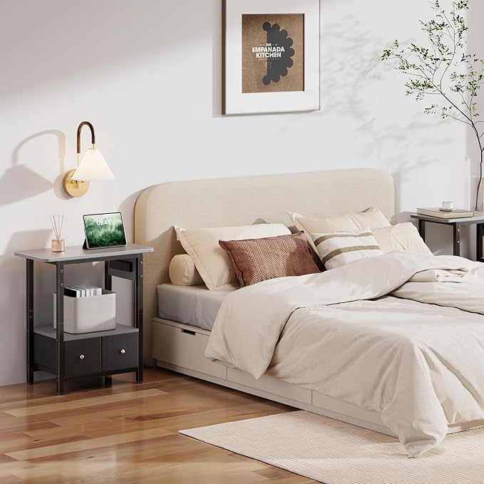 HLDIRECT Nightstand with Charging Station, Bedside Table with 2 Fabric Drawers and Large Storage Shelf for Small Space, End Table with Outlet and USB Ports for Living Room, Bedroom (Gray)
