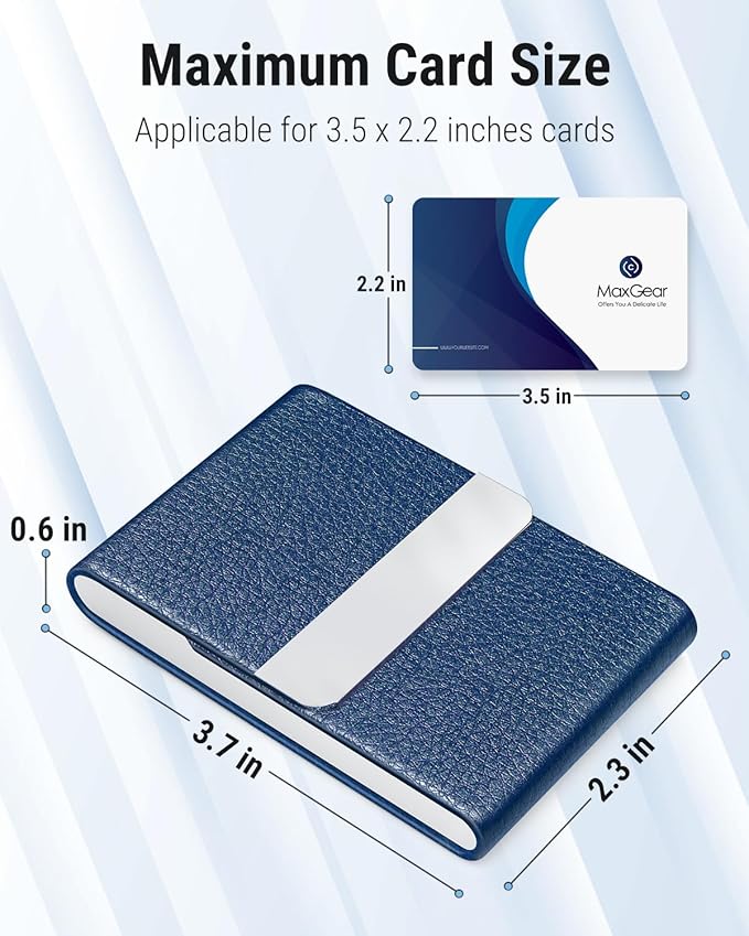 MaxGear Business Card Holder, PU Leather & Stainless Steel Business Card Case for Men or Women, Slim Name Cards Holder RFID Blocking Credit Cards Carrier with Magnetic Closure, Blue