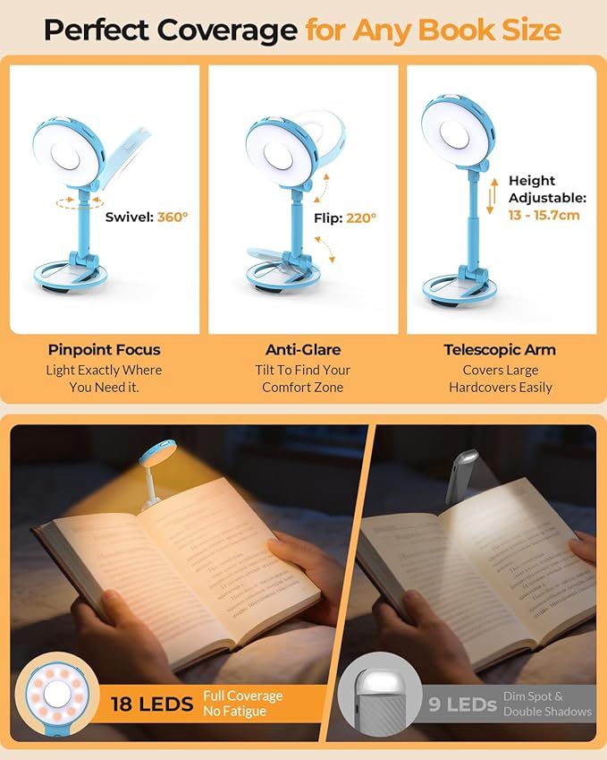 Rechargeable Book Reading Light: 18 LED Clip on Book Light for Kids in Bed & Night | Eye Caring 3 Colors & Stepless Dimming | Timer Memory Booklamp - Gifts for Book Lovers Teen Girls Boys