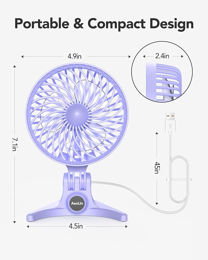 AaoLin USB Desk Fan, Small Fans with CVT Variable Speeds, Strong Cooling Airflow, Quiet Portable, Desktop Mini Personal Table Fan for Room, Home, Office, Bedroom, Purple