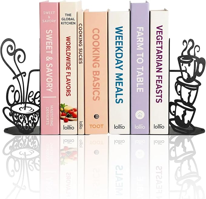 ENCIMART Metal Bookends Creative Coffee Bookends Decorative Cute Kitchen Book Ends for Shelves Bookshelf Home Office Desk Reading Decor Bookshelf Decor for Book Lovers Gift