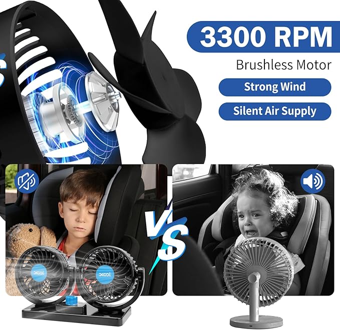 XOOL USB Car Cooling Fans, 2 Speeds Dual Head Car Fan, 360° Rotatable, 5V/2A Powerful Car Fans that Blow Cold Air, Portable Car Fans for Vehicles, SUV, RV, Boat (USB Plug)