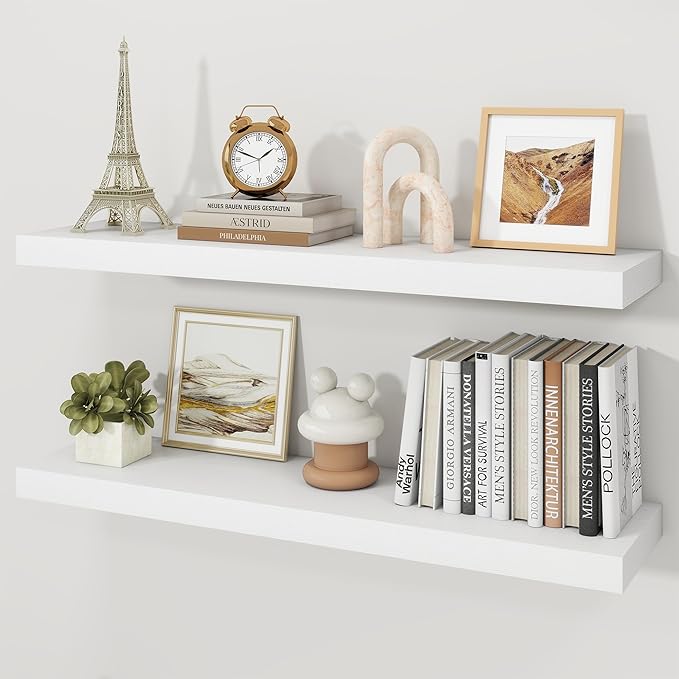 White Floating Shelves for Wall, 9.3" Deep Wall Mounted Wood Shelves for Bathroom, Bedroom, Living Room, Kitchen, Hanging Shelf for Books/Storage/Room Decor (White, 36")