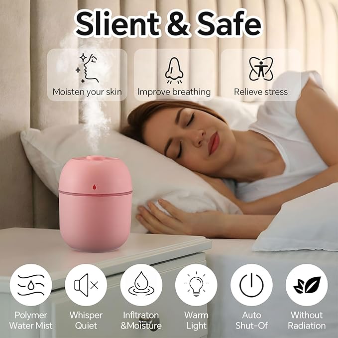 Hortsun 6 Pcs Portable Small Humidifier USB Personal Desktop 220 ml Mini Humidifier for Bedroom Plants Car Office Room Home Travel (White,Pink,Green)