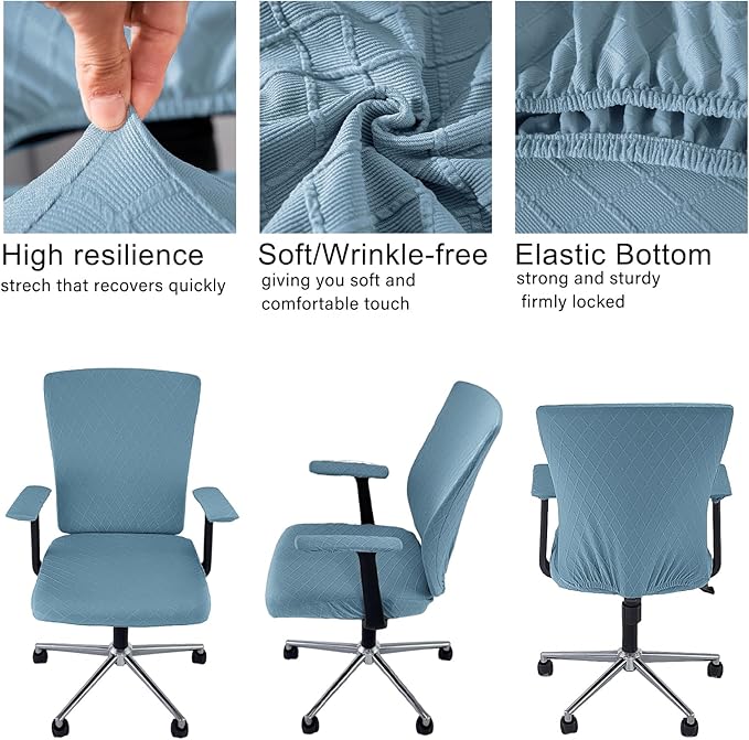 4 Pcs Office Chair Cover Set with 4 Extra Elastic Straps Universal Protective Office Chair Covers Stretchable Desk Chair Cover Office Armrest Cushion Backrest for Rotating Chair (Blue)