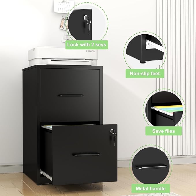IKIMI 2 Drawer File Cabinet with Lock,Metal Filing Cabinets for Home Office,Steel Vertical File Cabinet,Heavy Duty Metal Storage Cabinet for Letter Size Files,Assembly Required