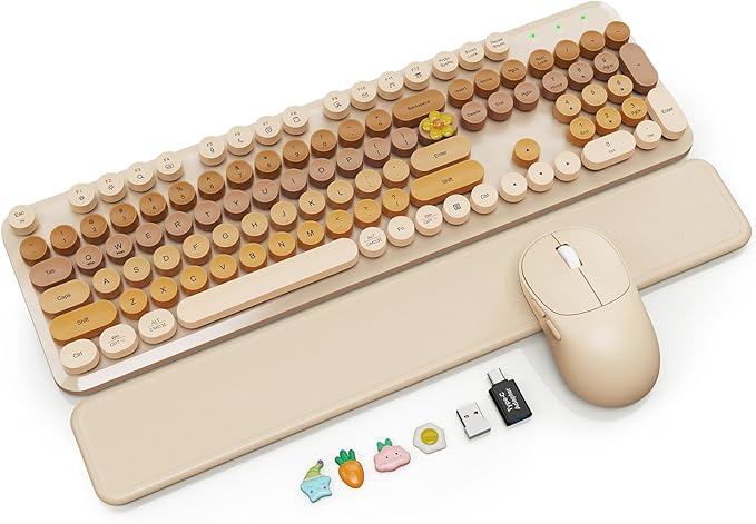 Wireless Keyboard and Mouse Combo, Magnetic Soft-Touch Wrist Rest, Round Keycaps, Full-Size Retro Typewriter Keyboard, 2-Stage Tilt Legs, Auto Sleep, 2.4GHz Cordless for Windows PC, Beige-Brown Ombre