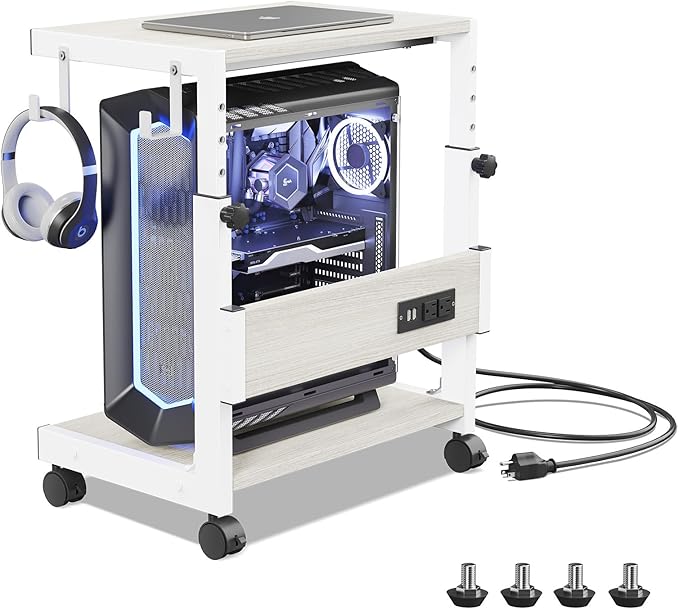 Computer Tower Stand with Charge Station and USB Charging Port - Height Adjustable PC Tower Stand, Under Desk CPU Holder Cart with Locking Caster Wheels for Fits Most PC